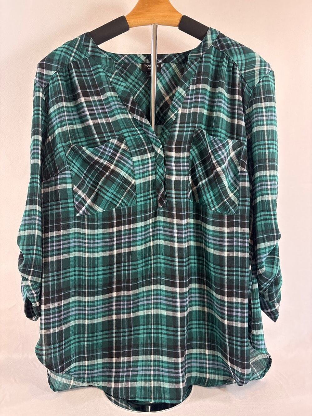 Torrid Harper Plaid Green‎ Size 0 Ruffle V-Neck 3/4 Sleeve Blouse Top